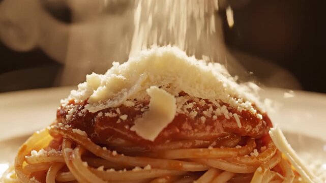 Close-up of spaghetti being topped with parmesan cheese