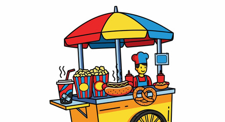 Naklejka premium Cartoon hot dog vendor with food.