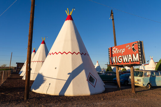 Holbrook, Arizona, USA - April 5th 2026: The famous Wigwam Motel on route 66, with classic old cars and unique motel rooms