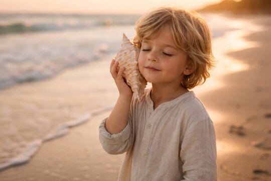 Little boy holding seashell to ear on sunset beach, peaceful childhood moment by the sea