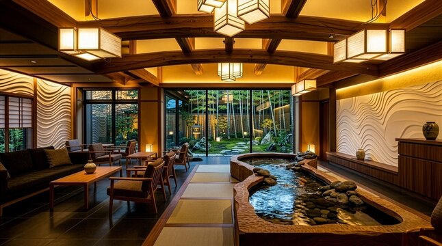 AI-generated　錦鯉が泳ぐ水盤と枯山水の中庭：名栗の梁が重厚な高級旅館のラグジュアリーロビーラウンジ