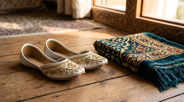 A pair of ornate white and gold embellished flat shoes rests on a wooden floor.