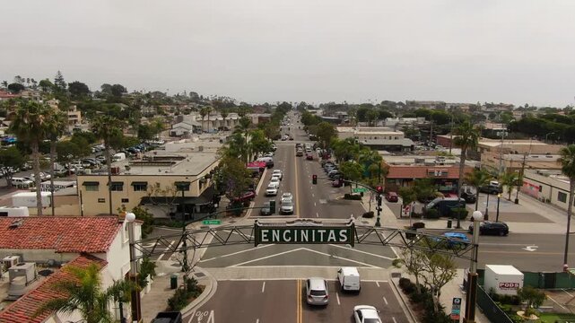 Aerial View of the Iconic Encinitas Sign Over Coast Highway 101 in Downtown Encinitas, California