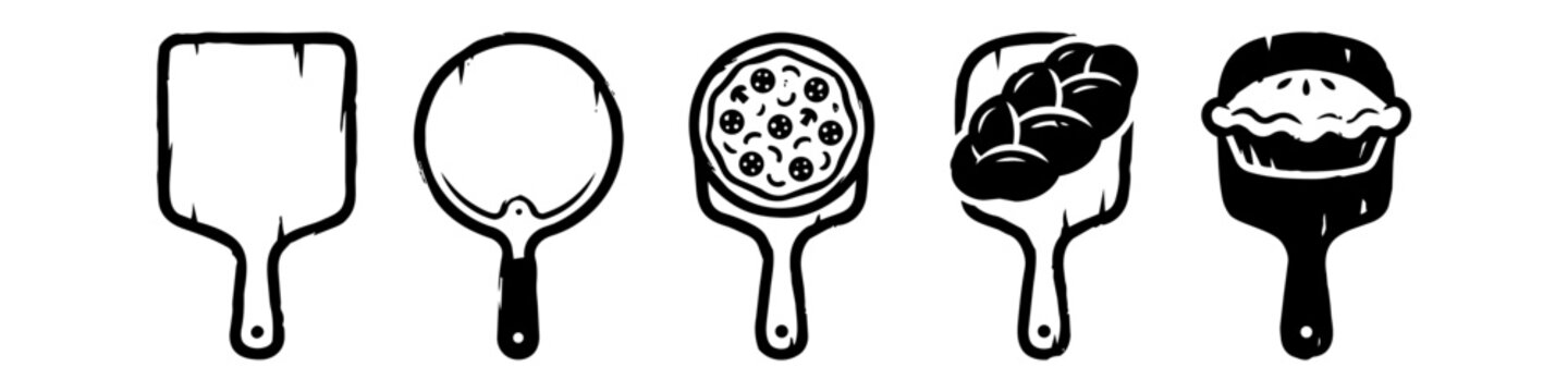 Set of 5 Black and White Minimalist Pizza Peel Icons Including Empty Paddles, Pizza with Pepperoni, Braided Challah Bread, and a Freshly Baked Pie on a White Background