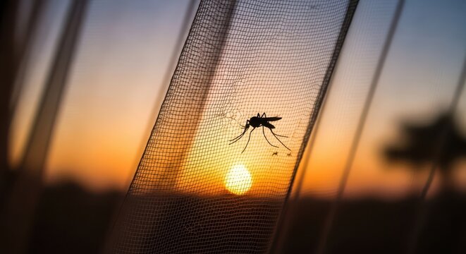Mosquito silhouette on mosquito net against sunset