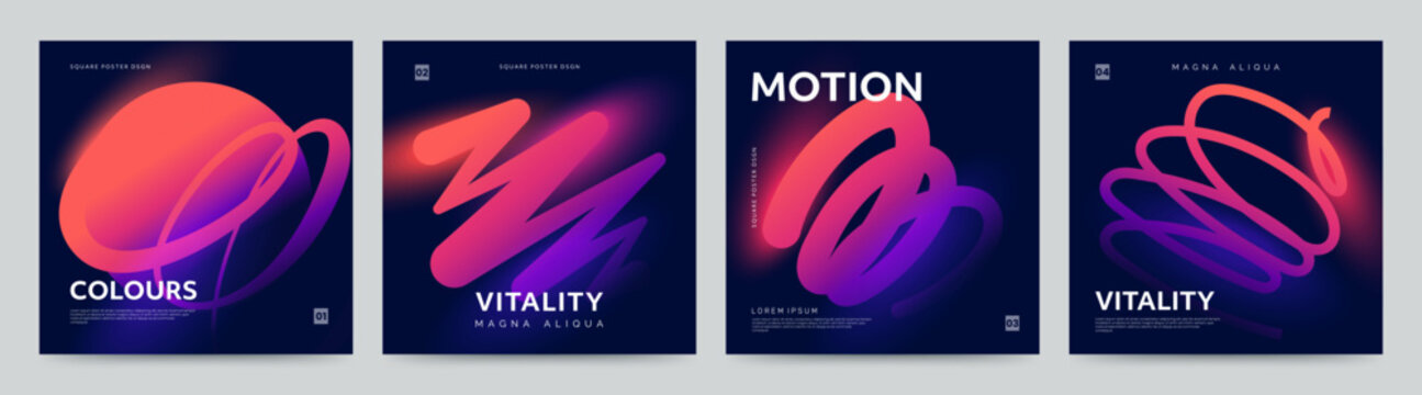 Modern abstract square poster set with dynamic glowing neon gradient shapes on dark blue background. Minimal banner design with smooth fluid strokes. Ideal for branding, presentations, social media