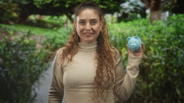 Woman holding a blue piggy bank and cupping her mouth to call while standing on a street lined with hedges and trees; saving advice optimism.