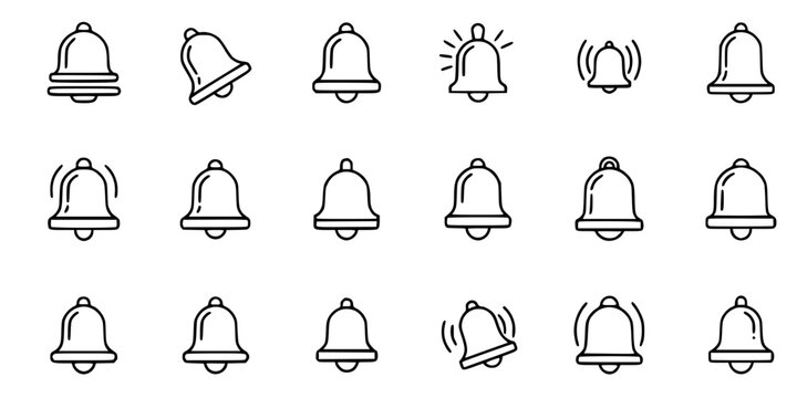 Notification Bell and Alert Vector Icon Set Minimalist Line Art 16 Grid