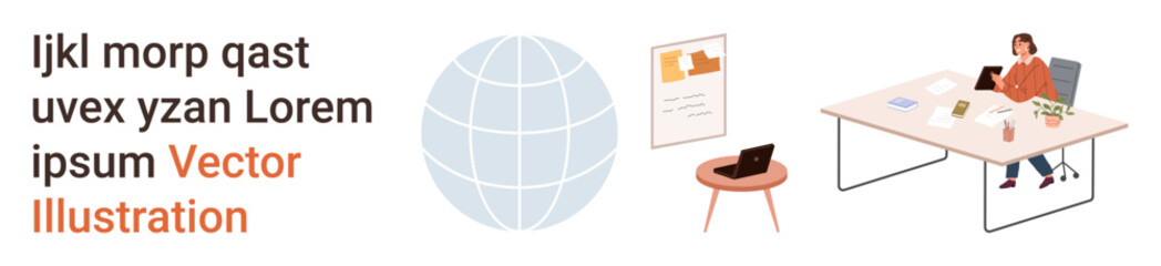 Obraz premium Remote work, online communication, global connectivity, workplace setup, teleconferencing, digital workspace. A professional sitting at a desk with documents and a laptop. Remote work