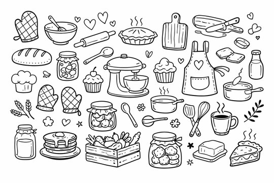 Hand Drawn Kitchen and Baking Doodle Set with Cooking Tools, Food, and Utensils. Includes Stand Mixer, Apron, Oven Mitt, Pie, Bread, Cupcakes, Pancakes, and Jars. Vector Illustration for Recipes.