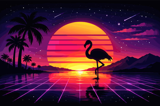 Retro Futuristic Synthwave Illustration featuring a Flamingo Silhouette, Neon Sun, Palm Trees, and a Glowing Grid Floor over Water against a Starry Night Sky with Mountains and Shooting Stars.