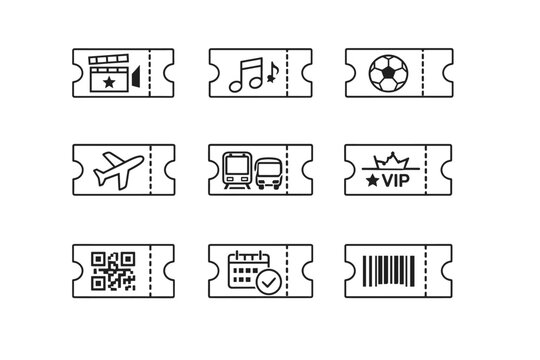 Minimalist Ticket and Entry Pass Icon Set Featuring Cinema, Music Concert, Soccer Sport, Airplane Flight, Bus Train Transport, VIP Access, QR Code, Calendar Date, and Barcode Line Art Graphics