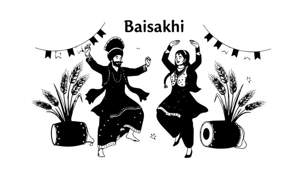 Happy Baisakhi festival vector with Punjabi dancers wheat harvest and traditional celebration elements