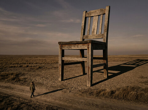 Giant chair surreal minimal landscape, tiny human scale comparison, surreal realism oversized furniture concept, dreamlike impossible environment, creative conceptual surreal background