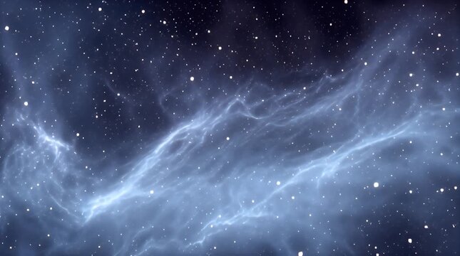 A cosmic scene, dark blue backdrop. Swirling nebulas of light weave between countless white stars, creating a celestial, ethereal, visual experience