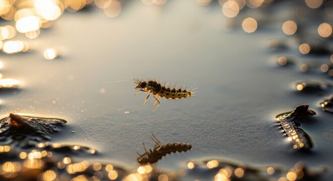 A macro wildlife closeup of black ants and a hairy caterpillar larva on a green leaf near the water, capturing the tiny insects and creatures in their natural river habitat