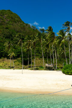 Araw Beach beautiful landscape with white sand, pristine water and palms near Culion, Palawan, The Philippines.