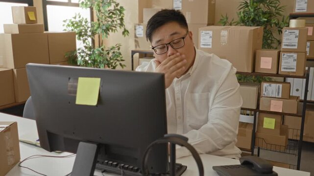Man covering face at computer amid stacked packages and desk phone in a building, hand pressed to eyes visible; fatigue workflow.