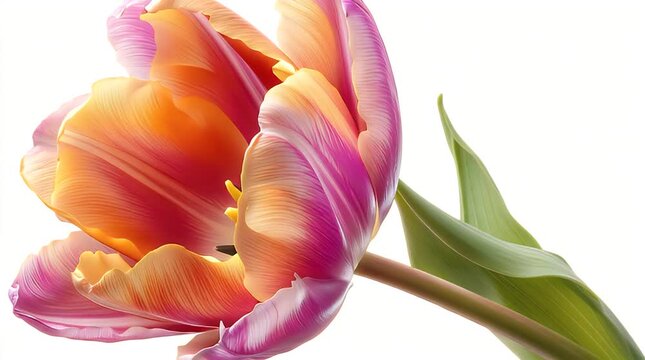 A vibrant close-up of a tulip, showcasing delicate petals in a gradient of colors from pink to orange, set against a white background