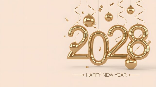 Golden 2028 Happy New Year 3D numbers with festive ornaments, luxury holiday celebration background with metallic gold baubles and confetti, elegant 2028 seasonal greeting card for social media.