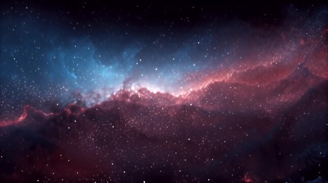 A vibrant nebula with dark, atmospheric hues. Azure, magenta clouds and countless stardust speckles across an immense canvas