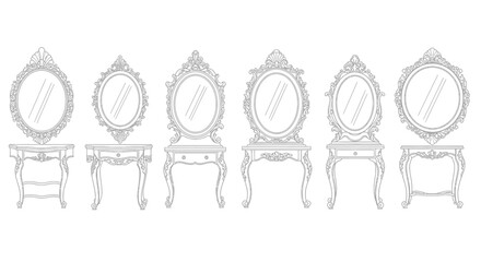 A collection of six ornate vintage dressing table mirrors with decorative frames and stands © Shakil