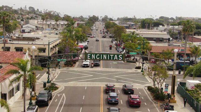 Aerial View of the Iconic Encinitas Sign Over Coast Highway 101 in Downtown Encinitas, California