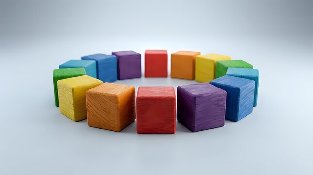 Colorful wooden blocks arranged in circle on white background. Rainbow cube toys for children education and creative play activities.