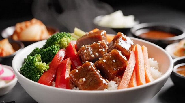 Steamed white rice bowl topped with glazed beef cubes and sesame seeds, served with steamed broccoli, red bell peppers, and carrot sticks. Steam rising, side dishes in background.
