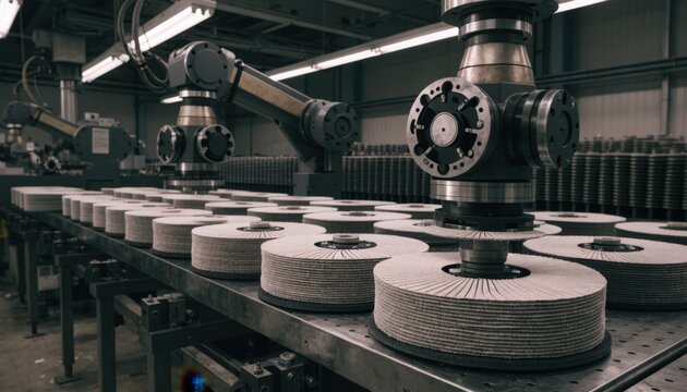 Medium shot of automated machine stacking zirconia abrasive flaps onto backing plates highlighting precision and uniformity in industrial flap disc assembly process.
