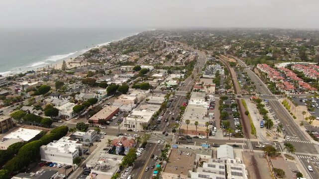 High Aerial View of Downtown Encinitas Coastal District and Pacific Ocean Shoreline