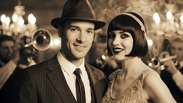 1920s couple in flapper dress and pinstripe suit smiling at jazz club gala, vintage Roaring Twenties aesthetic, cinematic Great Gatsby themed party atmosphere.