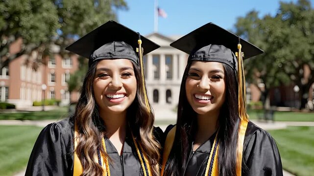 Two joyful Hispanic graduates in caps and gowns laughing on university campus, Latina friends celebrating academic success, college graduation ceremony, higher education milestone.