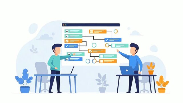 Business people managing tasks on a digital flowchart. Team collaboration and project planning concept. Modern flat animation for workflow optimization