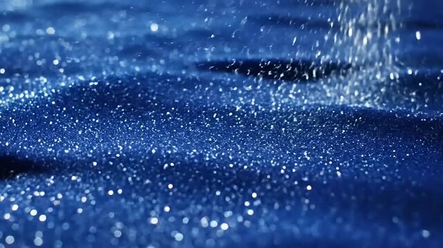 Close up of glittering blue fabric with tiny sparkling particles creates a shimmering effect