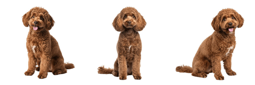 Poodle Canis lupus familiaris Brown Toy Poodle Dog Set Isolated on White Background, Three Adorable Curly Fur Puppy Poses Sitting and Looking Happy for Pet Care and Veterinary Design