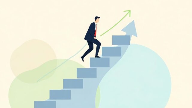 Ambitious businessman climbing steps towards success. Career path and professional development. Progress and growth in business. Animated illustration graphic