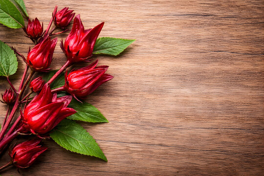 Fresh Roselle (Hibiscus Sabdariffa) on Rustic Wooden Background with Copy Space &ndash; Herbal Ingredient Concept