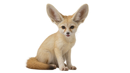 Obraz premium Isolated cute baby fennec fox sitting and looking forward with its characteristic big ears