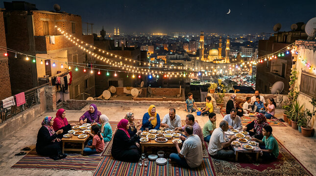 A family gathers on a rooftop for a festive meal under string lights.