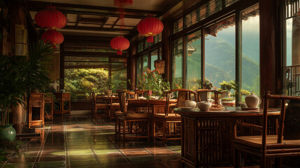 Fototapeta premium Cozy restaurant interior with wooden tables chairs and elegant dining space design