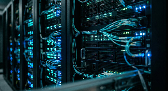 Modern Data Center Servers with Blue LED Lights