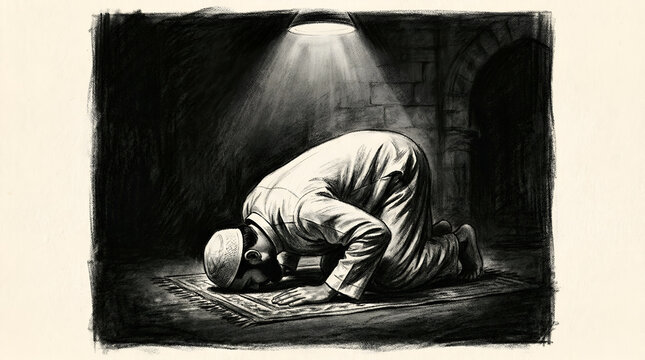 A man in prayer bows his head in supplication under a dramatic spotlight.