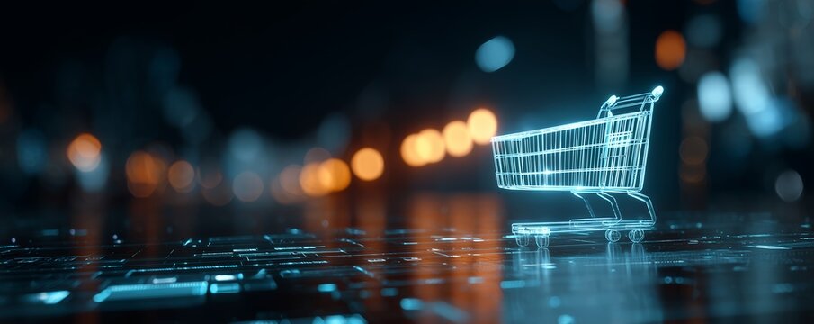 Luminous digital wireframe shopping cart on a glowing circuit tech background, concept for e-commerce innovation, global digital retail and futuristic online marketplace technology