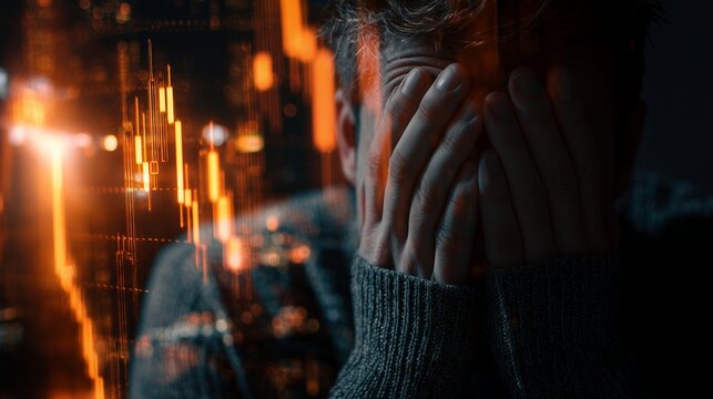 Depressed stock market trader covering his face with hands against falling financial candlestick charts background, concept for financial loss, economic crisis and mental health