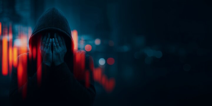 Stressed professional day trader covering face in hands with red falling stock market chart overlay on dark background, concept for economic crisis, cyber crime and investment failure