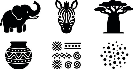 Obraz premium Black silhouette elephant zebra baobab tree african pottery tribal patterns dots vector art