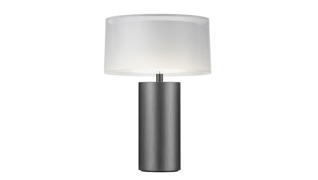 Isolated modern table lamp with cylindrical brushed metal base and glowing drum lampshade