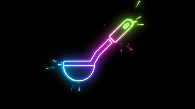 Neon illuminated kitchen ladle animation with bright blue and purple glow, perfect for cooking show backgrounds