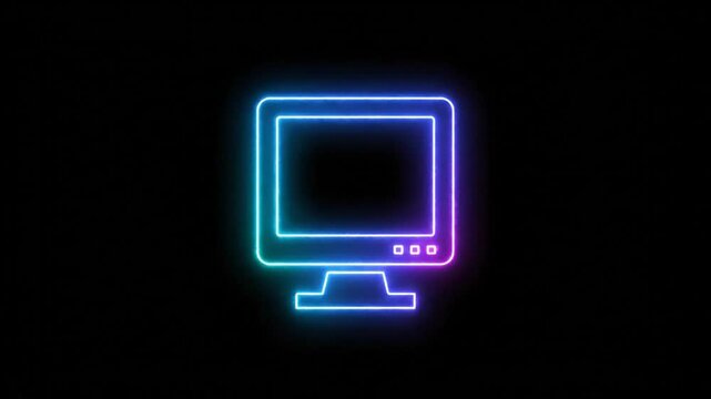 Neon Light Computer Monitor Icon on Black Background Animation Concept Technology Digital Display